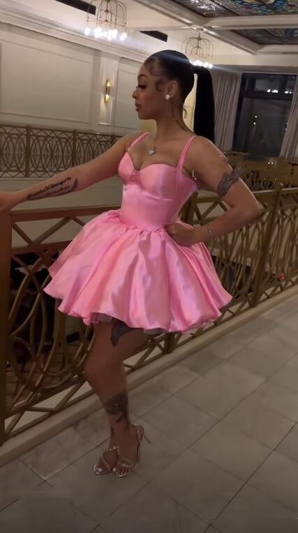 Pretty Spaghetti Straps Satin Short Graduation Homecoming Dress Pink Short Birthday Dress D4452