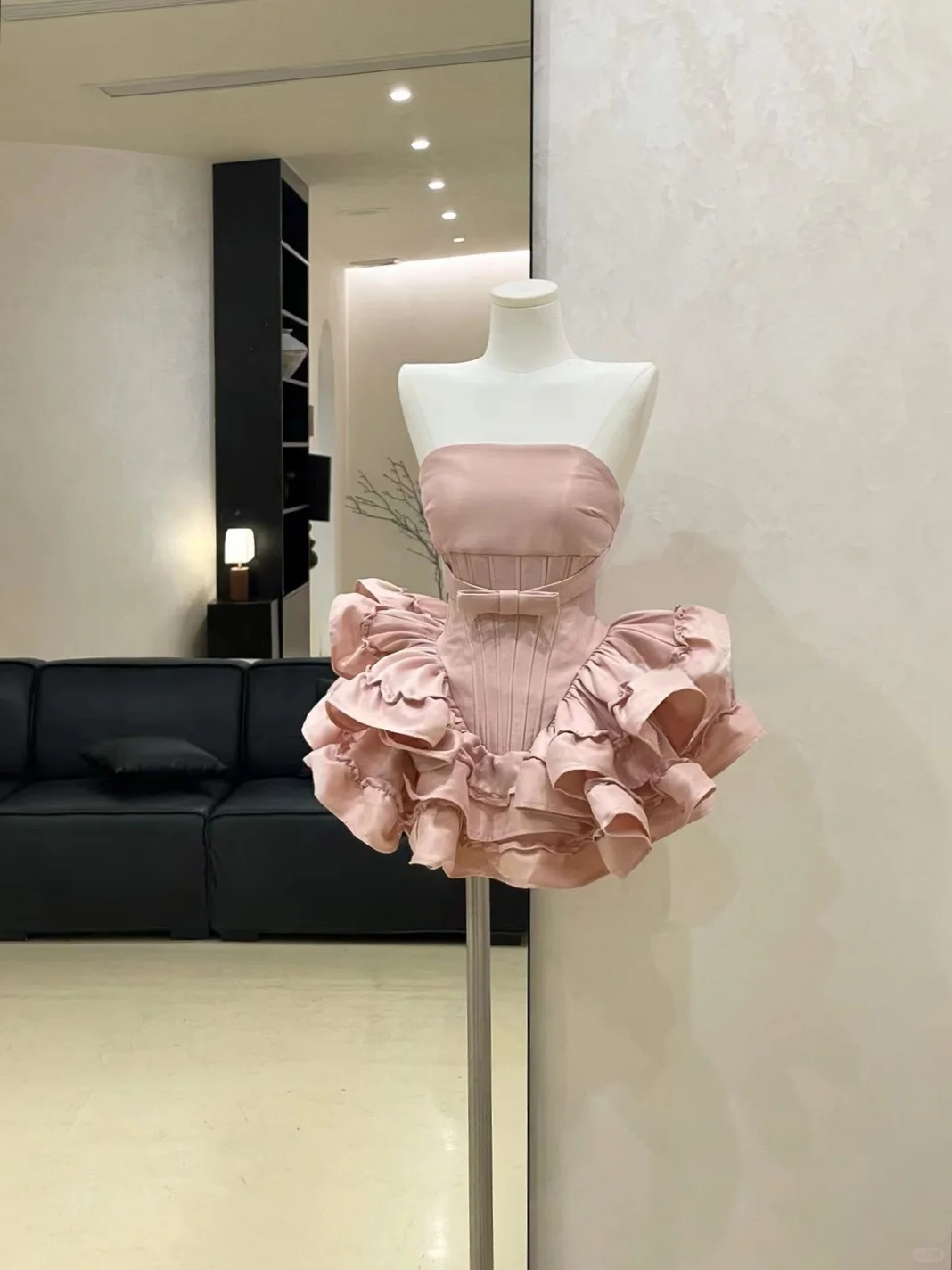 Classy Strapless Satin Ruffles Pleated Short Party Dress Pink Homecoming Dress S417