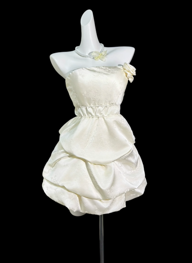 Elegant Strapless Off White Satin Print Floral A Line Short Birthday Dress,Mini Prom Dress D4180