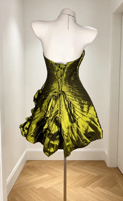 Vintage Strapless Satin Pleated Beaded Short Homecoming Dress,Olive Green Short Prom Dress D3328