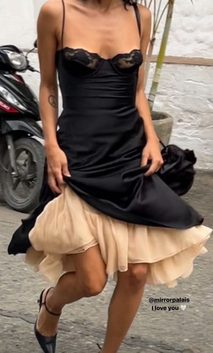 Elegant Black Spaghetti Straps Satin Tulle Mermaid Long Party Dress Evening Gown D4290