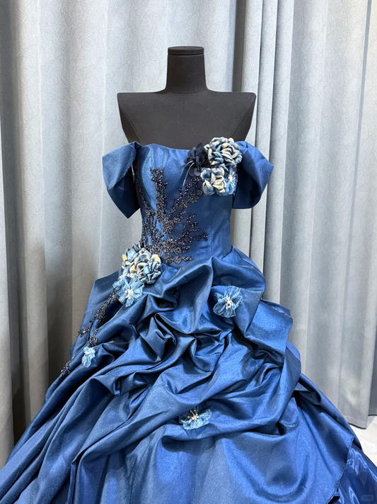 Vintage Off The Shoulder Satin Pleated Beaded Ball Gown Blue Long Party Dress Prom Gown D2472