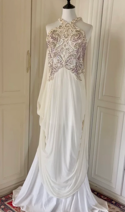 Classy Sleeveless White Sequin Beaded Satin Chiffon Mermaid Long Prom Dress Evening Dress D3104
