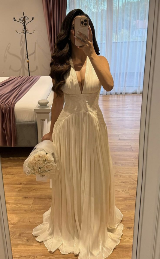 Fashion Off White Deep V Halter Tulle A Line Long Wedding Guest Dress Formal Birthday Party Dress D2907