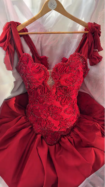 Pretty Red Satin Floral Beaded A Line Short Graduation Homecoming Dress,Formal 15th Birthday Outfits D3824