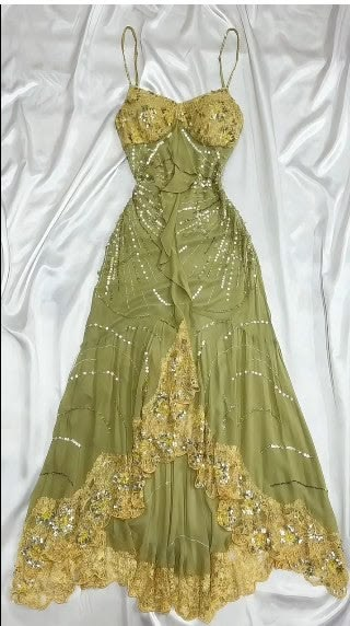 Vintage Sage Green Mermaid Party Dress Spaghetti Straps Chiffon Lace Sequin Long Prom Dresses D4990