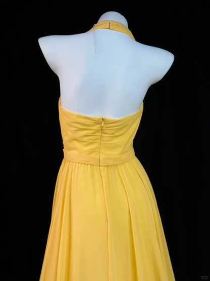 Cute Yellow Halter Chiffon Beaded  A Line Long Evening Dress Formal Evening Dress D2510