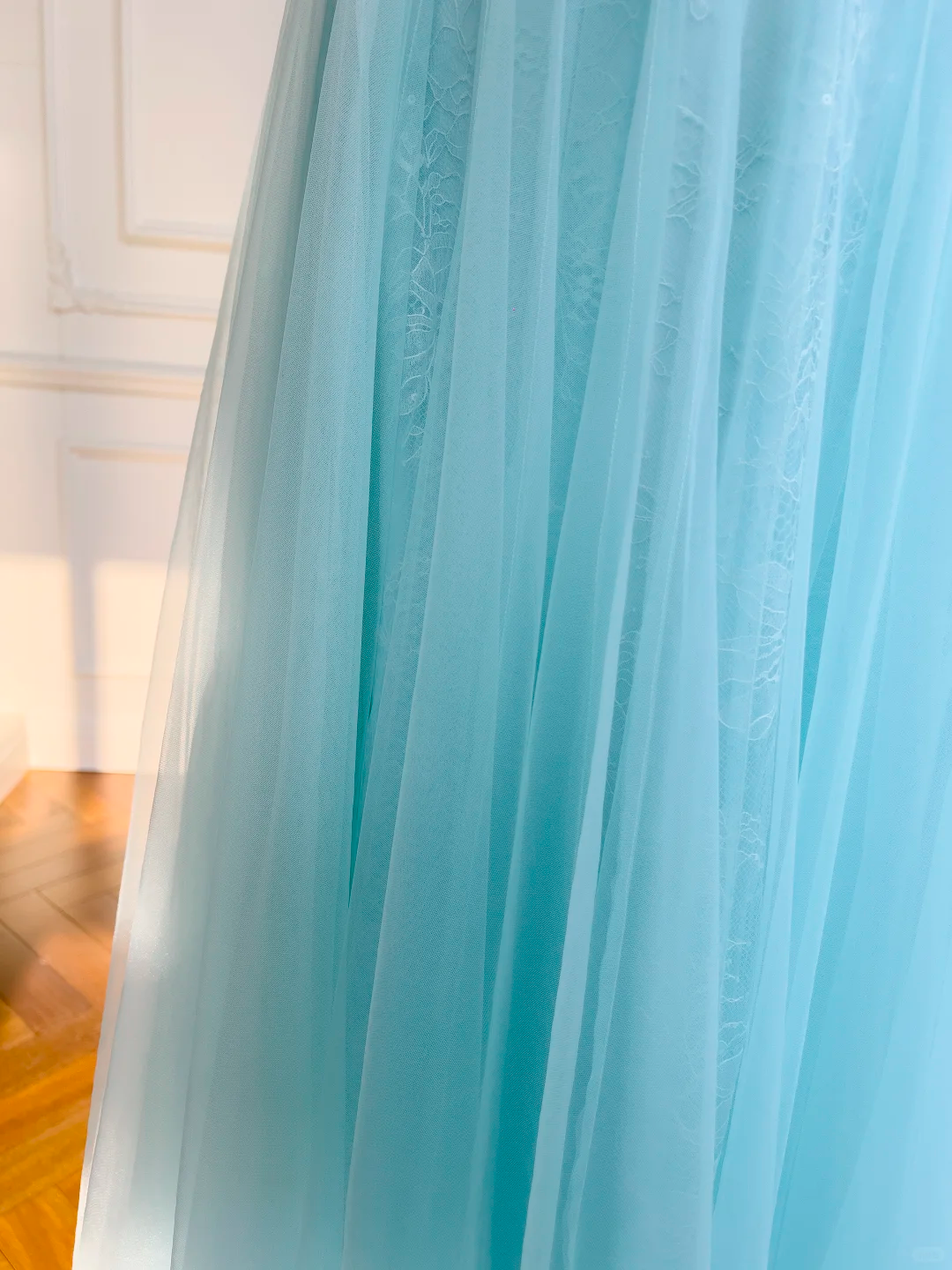Classy Spaghetti Straps Tulle Lace A Line Evening Dress,Blue Long Wedding Guest Dress D2984
