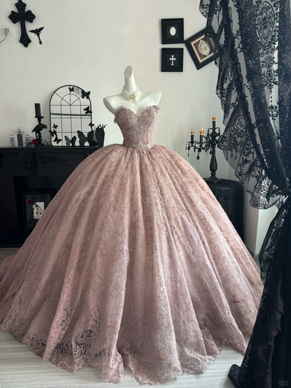 Charming Pink Tulle Lace Beaded Sweet 15 Dress,Sweetheart Neck Quinceanera Dress D3695