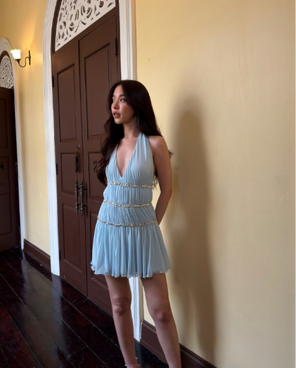 Classy Halter Chiffon Beaded A Line Mini Birthday Dress,Blue Short 8th Grade Homecoming Dress D3665