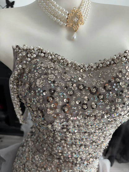 Gorgeous Silver Gray Tulle Rose Floral Sequin Beaded Mermaid Long Party Dress Evening Dress D4708