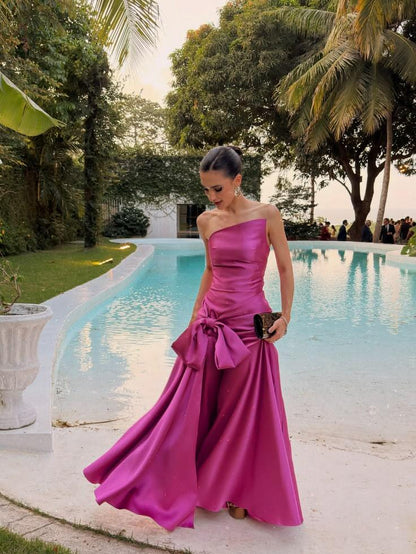 Elegant Magenta Satin Mermaid Long Birthday Party Dress Strapless Long Wedding Guest Dress D4595