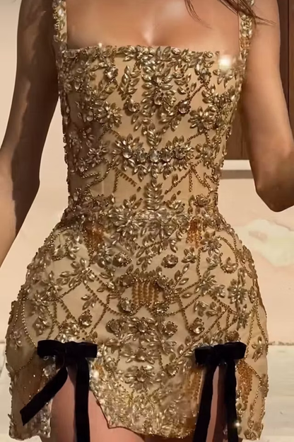 Gorgeous Gold Square Neck Sheath Slit Cocktail Dress Formal Graduation Homecoming Dress D253