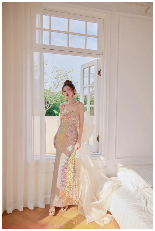 Glitter Spaghetti Straps Sequin Mermaid Long Party Dress Evening Gown With Bow D2448