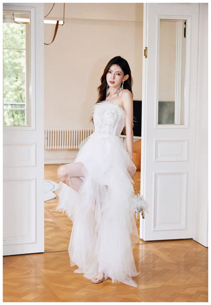 Classy White Feathers Strapless Embroidered Tulle Sequin Appliques Long Birthday Prom Dress Evening Gown D2403