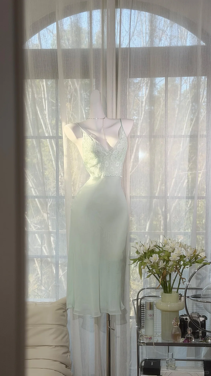 Classy Spaghetti Straps Mint Green Chiffon lace Mermaid Midi Party Dress Birthday Dress D2527