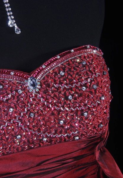 Elegant Strapless Satin Beaded Party Dress Burgundy Mermaid Long Prom Gown D2233