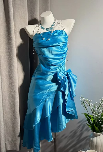 Fashion Blue Strapless Satin Pleated Ruffle Layered Short Homecoming Dress Cocktail Dress D4223