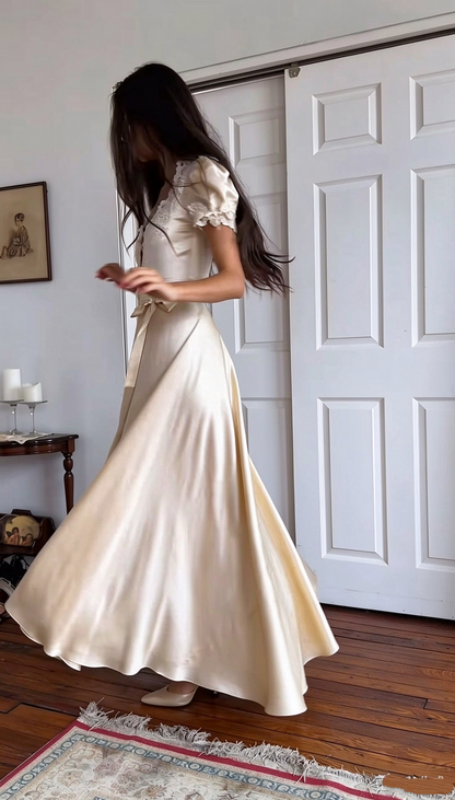 Pretty Lace Satin Slit A Line Long Party Dress Light Champagne Long Birthday Prom Gowns D5116