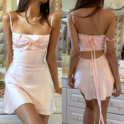 Classy Spaghetti Straps Pink Satin Short Homecoming Dress Cocktail Dress D3760
