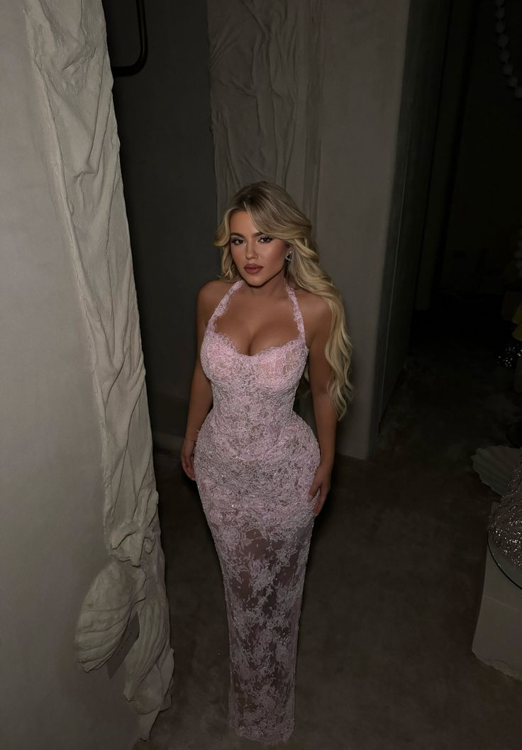 Classy Halter Pink Lace Sheath Long Party Dress Evening Dress D2921