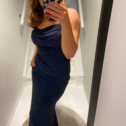 Charming Spaghetti Straps Navy Blue Satin Sequin Sheath Long Wedding Guest Dress Party Dress D1595