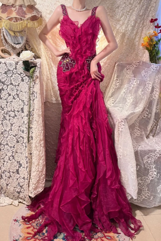 Retro Spaghetti Straps V Neck Chiffon Pleated Ruffles Mermaid Evening Dress Long Prom Gown D1192