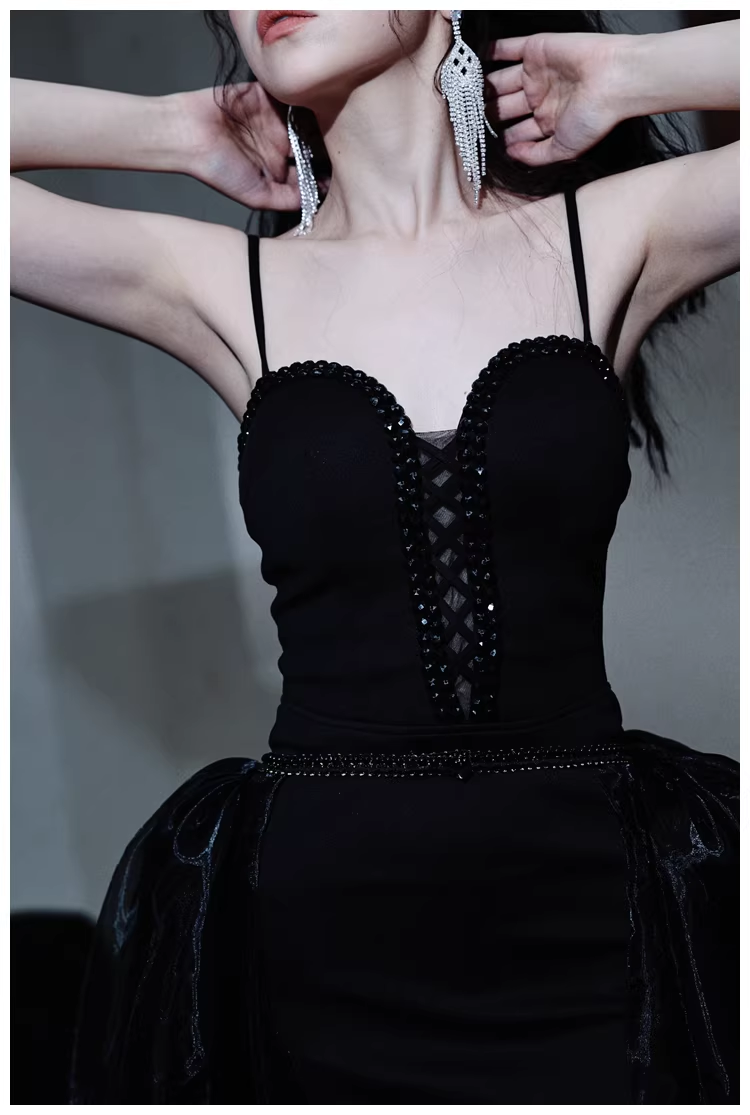 Gorgeous Black Organza Satin Beaded Long Party Dress Birthday Evening Dress D2445