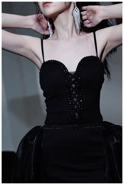 Gorgeous Black Organza Satin Beaded Long Party Dress Birthday Evening Dress D2445