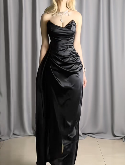 Sexy V Neck Black Strapless Satin Pleated Slit Mermaid Long Evening Dresses Prom Dress D2493