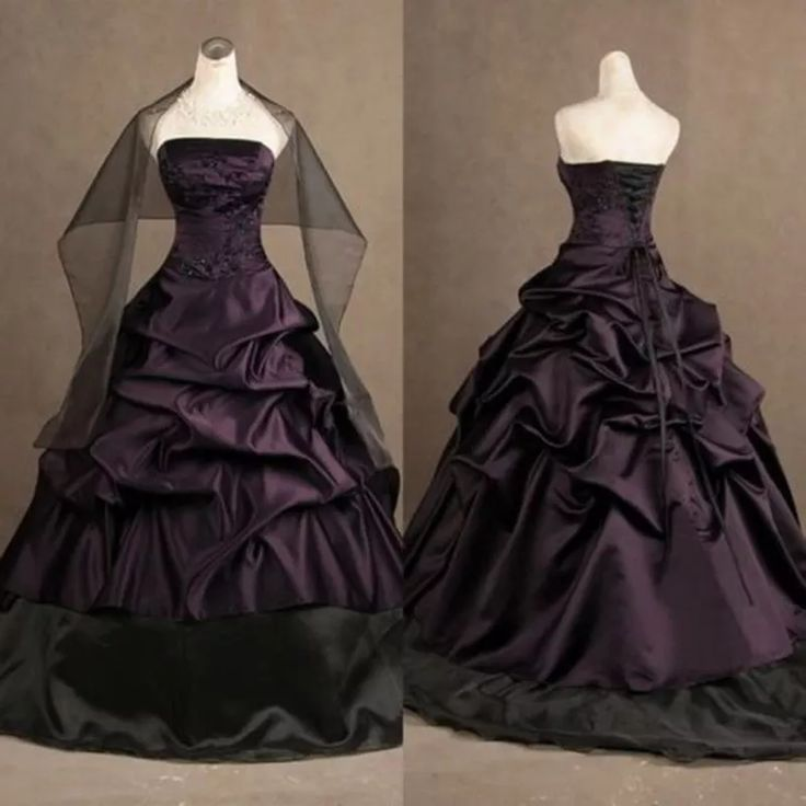 Retro Dark Purple Strapless Satin Pleated Beaded Ball Gown Formal Quinceanera Dress D1165