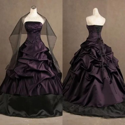 Retro Dark Purple Strapless Satin Pleated Beaded Ball Gown Formal Quinceanera Dress D1165