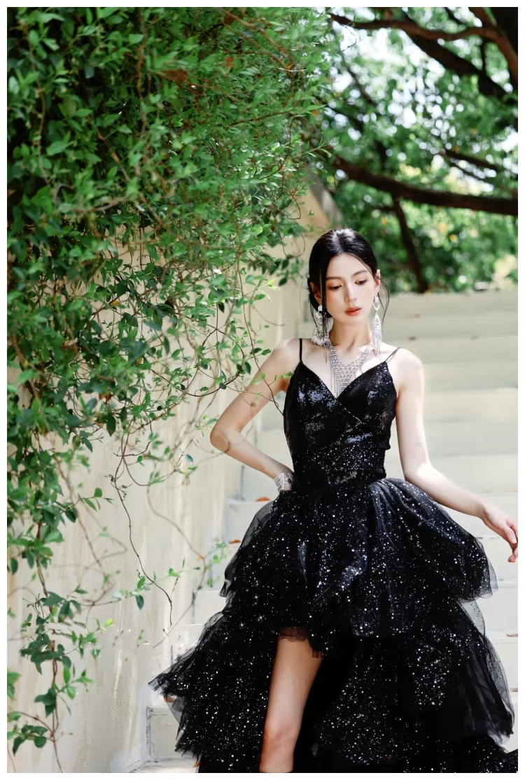 Sparky Black Spaghetti Straps Tulle Sequin Layered Long Birthday Evening Dress Party Dress D2427