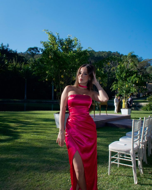 Classy Hot Pink Strapless Satin Slit Long Wedding Guest Dress Formal Birthday Party Dress D1736