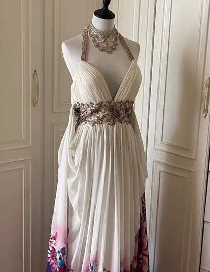 Beautiful Halter Beaded Chiffon Print Floral Mermaid Evening Dress,White Long Party Gown D3105