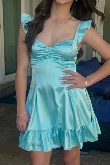 Elegant Green Ruffled Satin A-Line Short Party Dress,Mini Homecoming Dress D4249