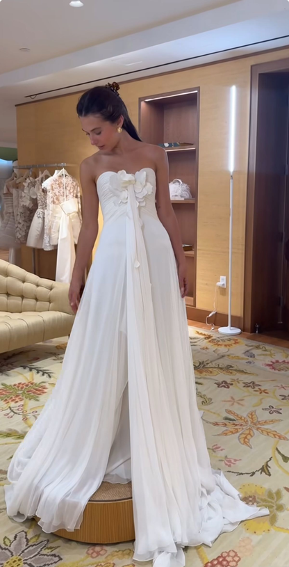 Classy White Chiffon Long Evening Dress Strapless Long Birthday Party Dress D4998