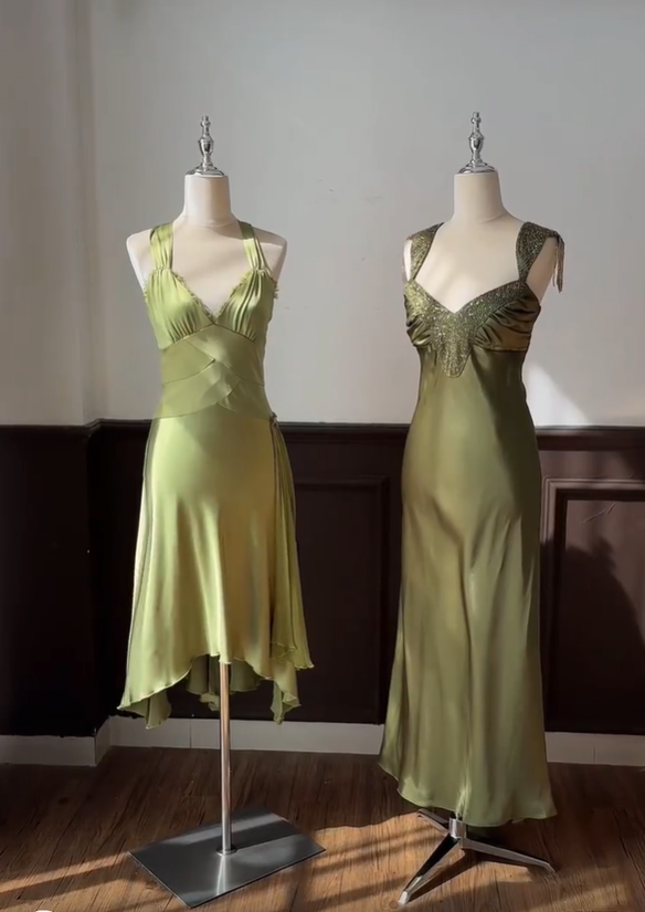 Classy Sage Green Sleeveless Satin Mermaid Party Dress Long Wedding Guest Dress D2892