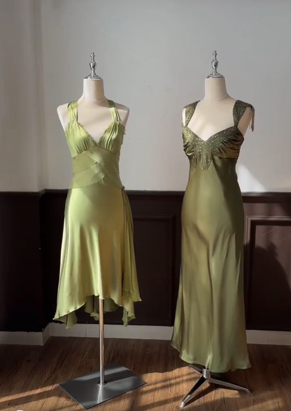 Classy Sage Green Sleeveless Satin Mermaid Party Dress Long Wedding Guest Dress D2892