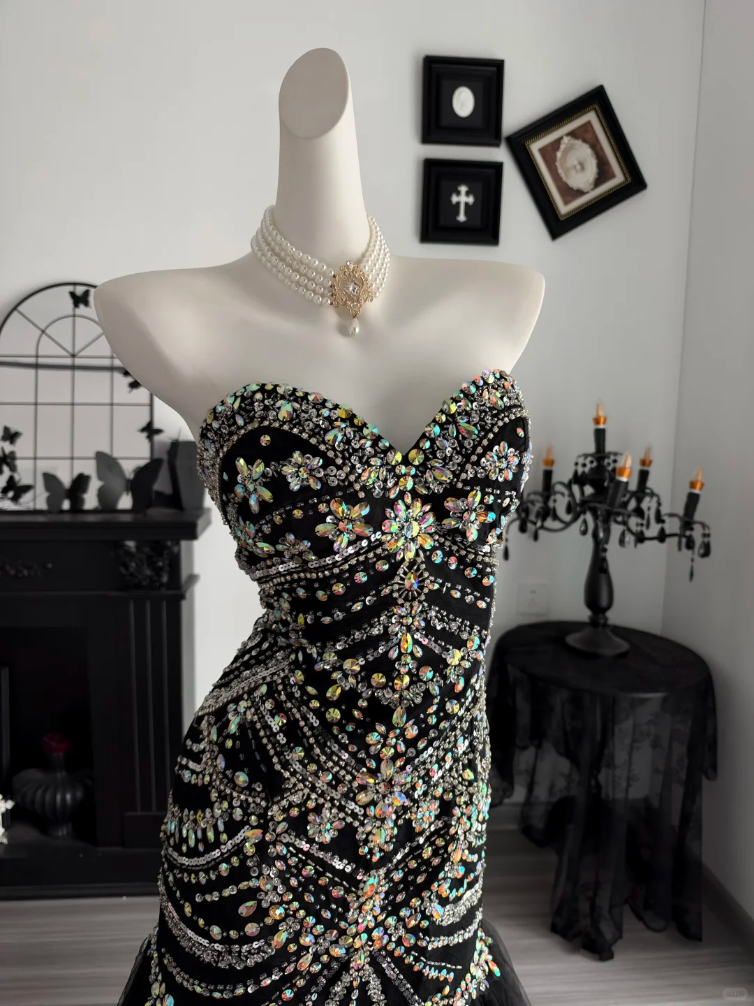Gorgeous Black Tulle Beaded Mermaid Long Evening Dress Strapless Long Birthday Prom Dresses D4712