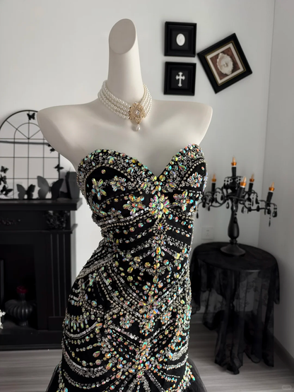 Gorgeous Black Tulle Beaded Mermaid Long Evening Dress Strapless Long Birthday Prom Dresses D4712
