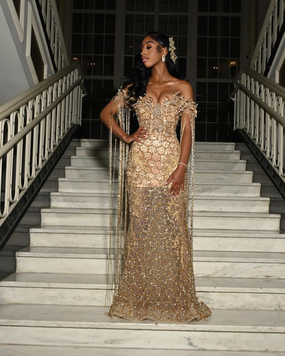 Luxurious Champagne Gold Off The Shoulder Sequin Beaded Mermaid Evening Dress Long Party Dress D1841