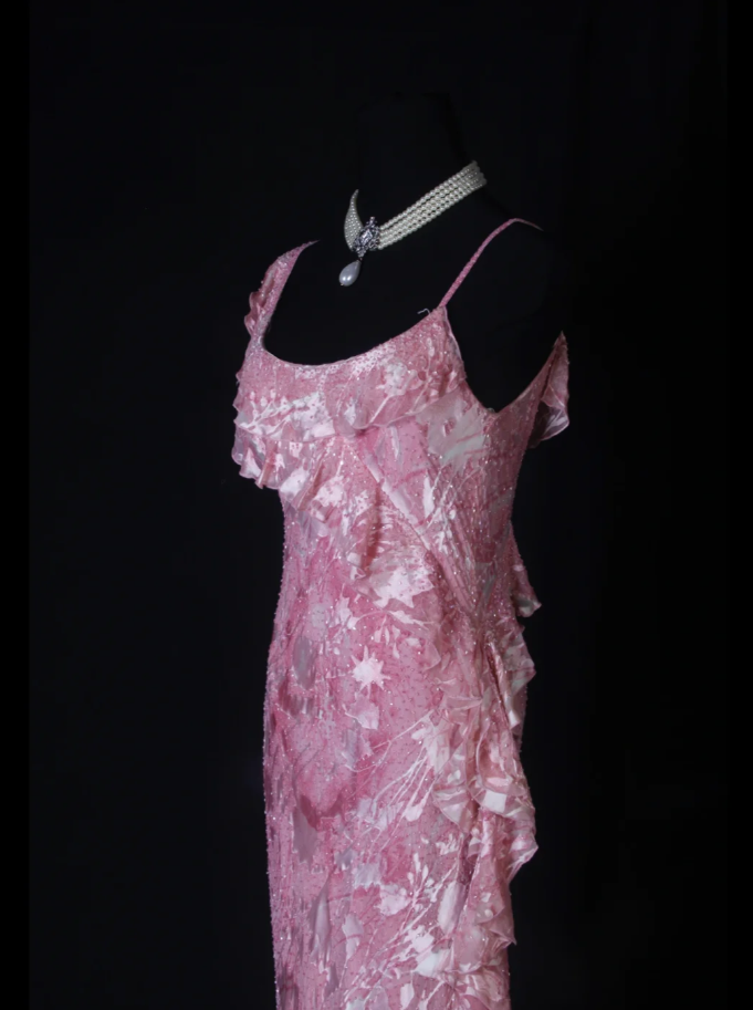 Charming Pink Beaded Chiffon Floral Ruffles Mermaid Long Evening Dress Formal Birthday Dress D2264