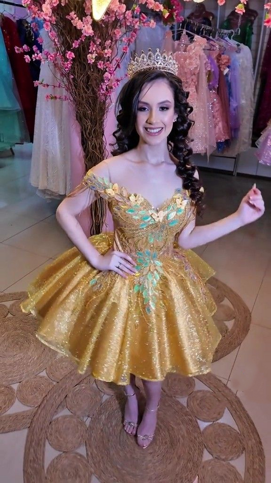 Shiny Off The Shoulder Gold Tulle Sequin Beaded A Line Short 8th Grade Homecoming Dress Mini Party Dress D3321