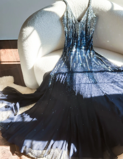 Glitter Navy Blue V Neck Chiffon Beaded Mermaid Long Evening Dress,Spaghetti Straps Birthday Party Dress D2078