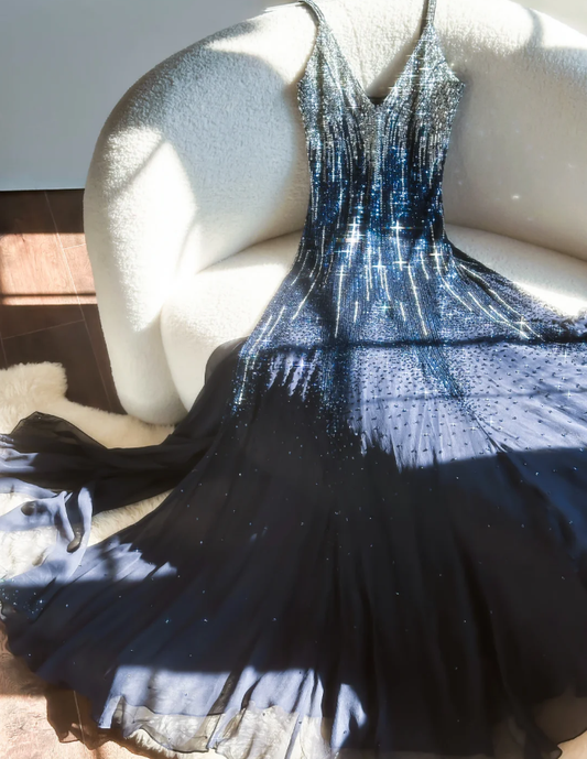 Glitter Navy Blue V Neck Chiffon Beaded Mermaid Long Evening Dress,Spaghetti Straps Birthday Party Dress D2078