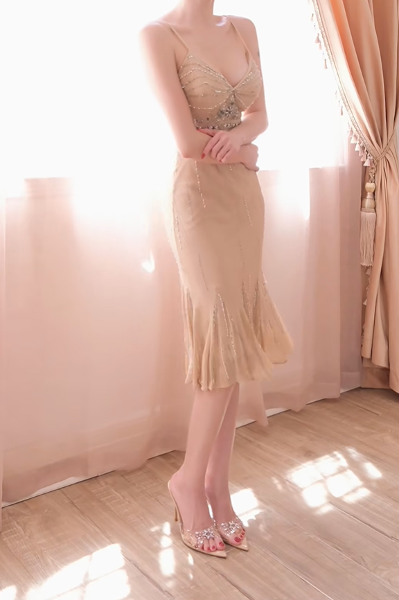 Vintage Spaghetti Strap Chiffon Beaded Mermaid Evening Dress Champagne Prom Gowns D2742