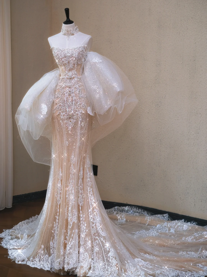 Classy Champagne Strapless Tulle Lace Appliques Mermaid Long Wedding Dress Bridal Dress S911