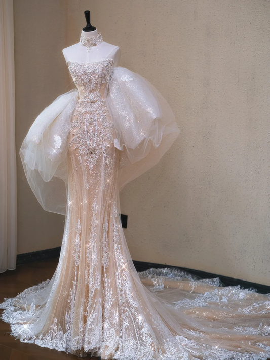Classy Champagne Strapless Tulle Lace Appliques Mermaid Long Wedding Dress Bridal Dress S911