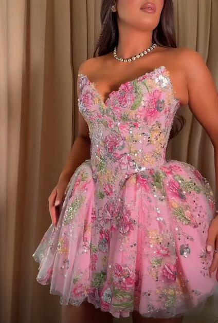 Charming Strapless Tulle Sequin Floral Short 15th Birthday Outfits,Pink Short Homecoming Dress D4308